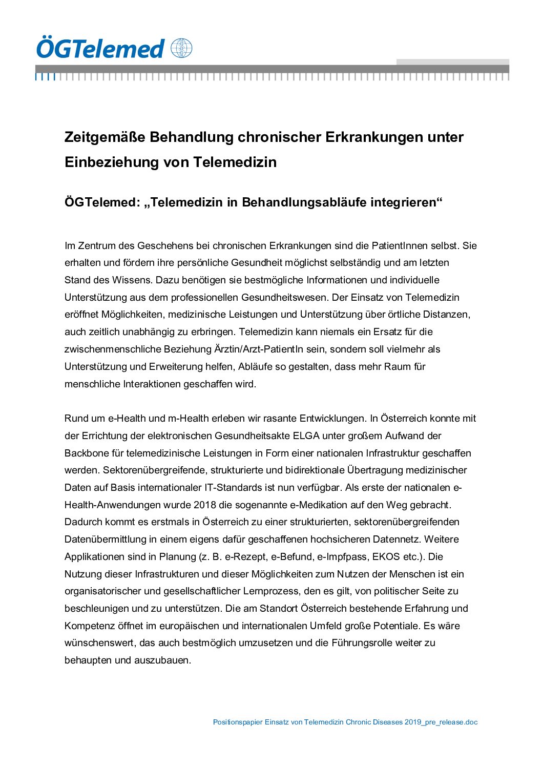 Positionspapier Einsatz von Telemedizin Chronic Diseases 2019