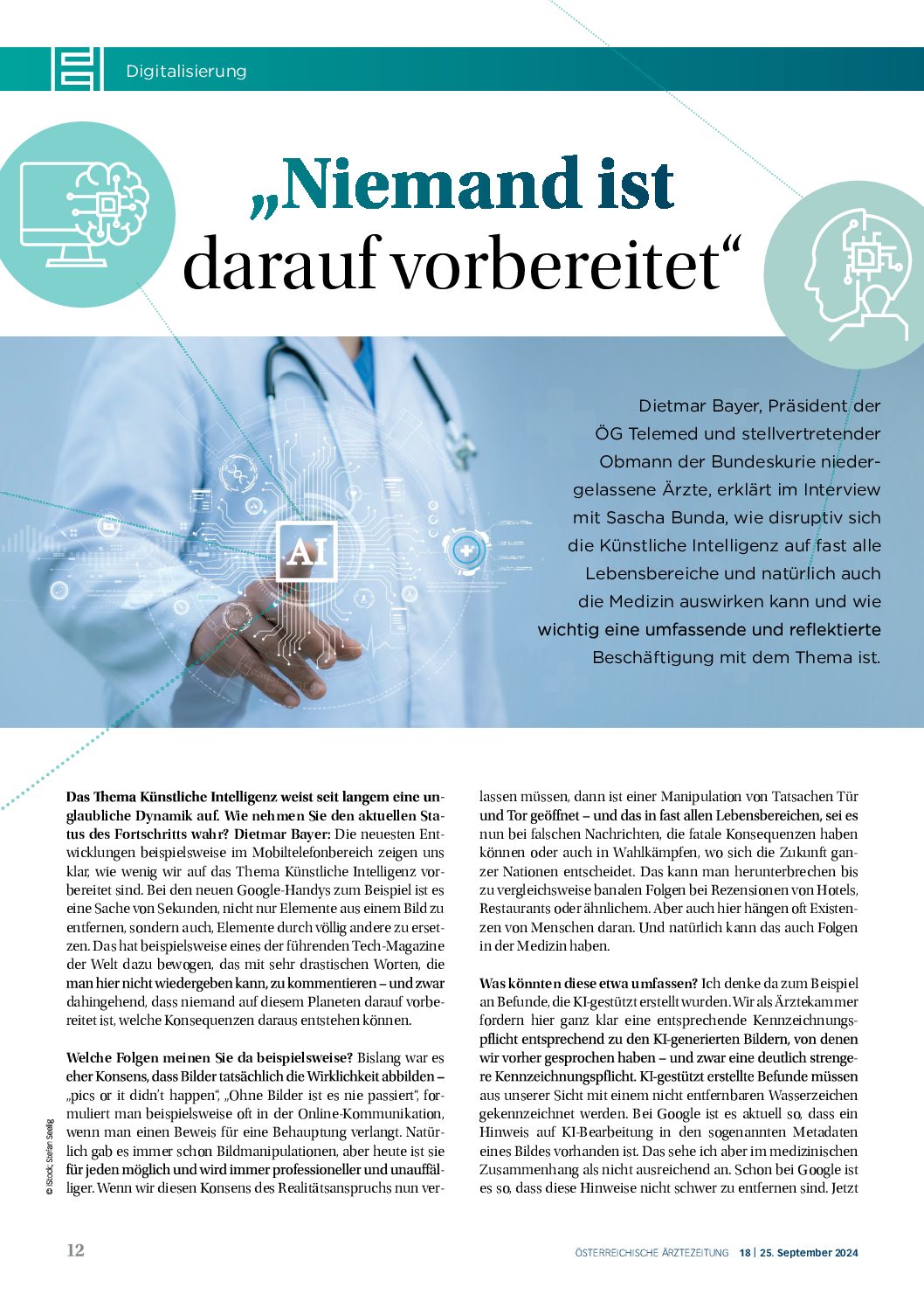 „Niemand ist darauf vorbereitet“ – Interview mit Dietmar Bayer, Präsident der ÖGTelemed – Österreichische Ärztezeitung (ÖÄZ), 25. September 2024