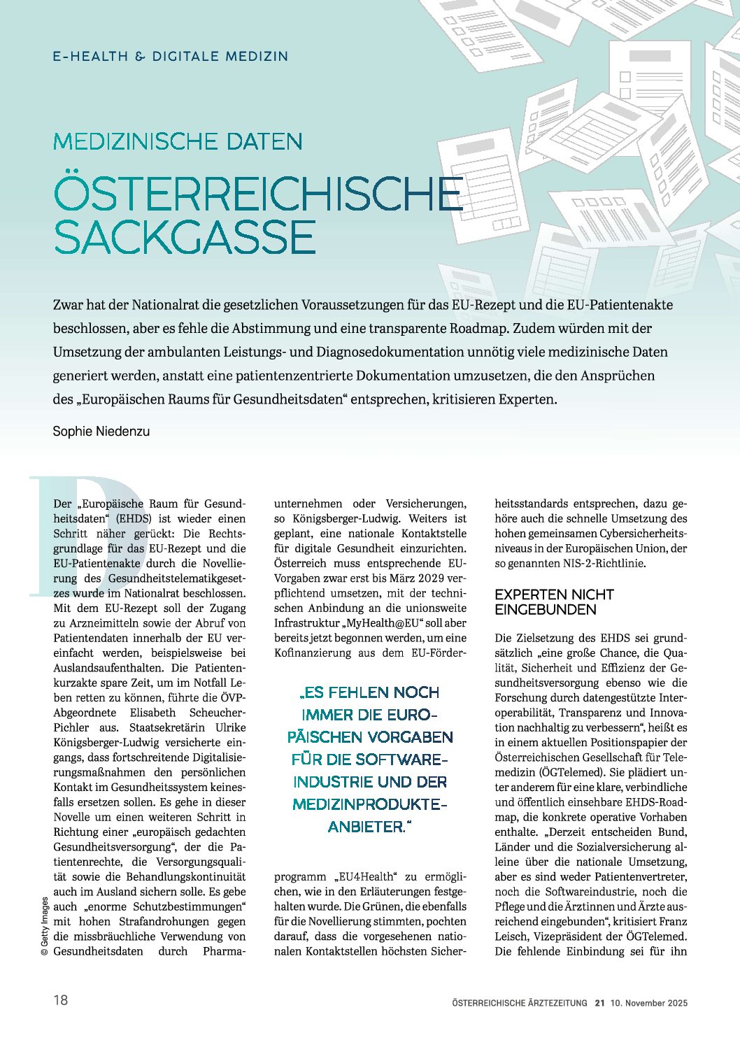 Medizinische Daten:  Österreichische Sackgasse – Österreichische Ärztezeitung (ÖÄZ), 10.11.2025