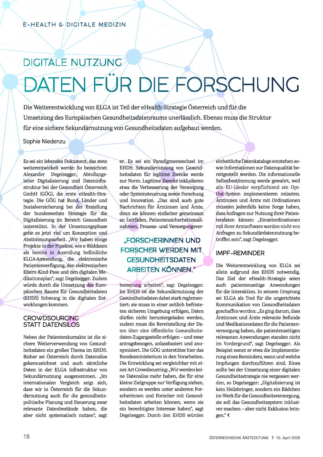 Digitale Nutzung: Daten für die Forschung – Österreichische Ärztezeitung (ÖÄZ), 10.4.2026