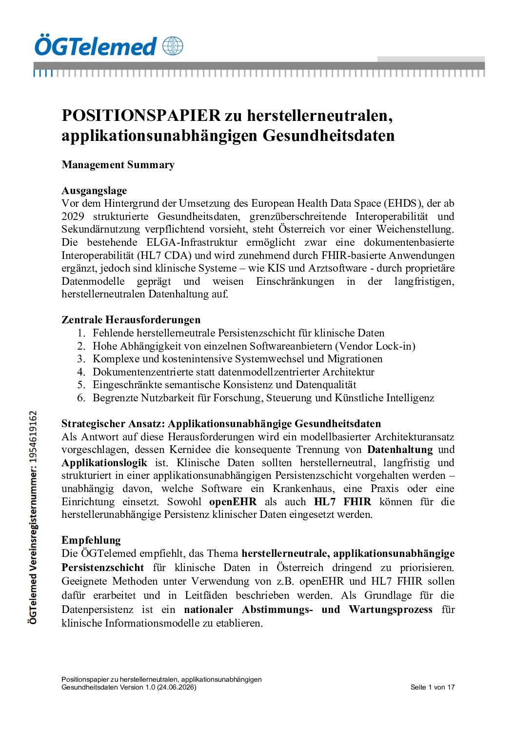 Positionspapier zu herstellerneutralen, applikationsunabhängigen Gesundheitsdaten (24.6.2026)