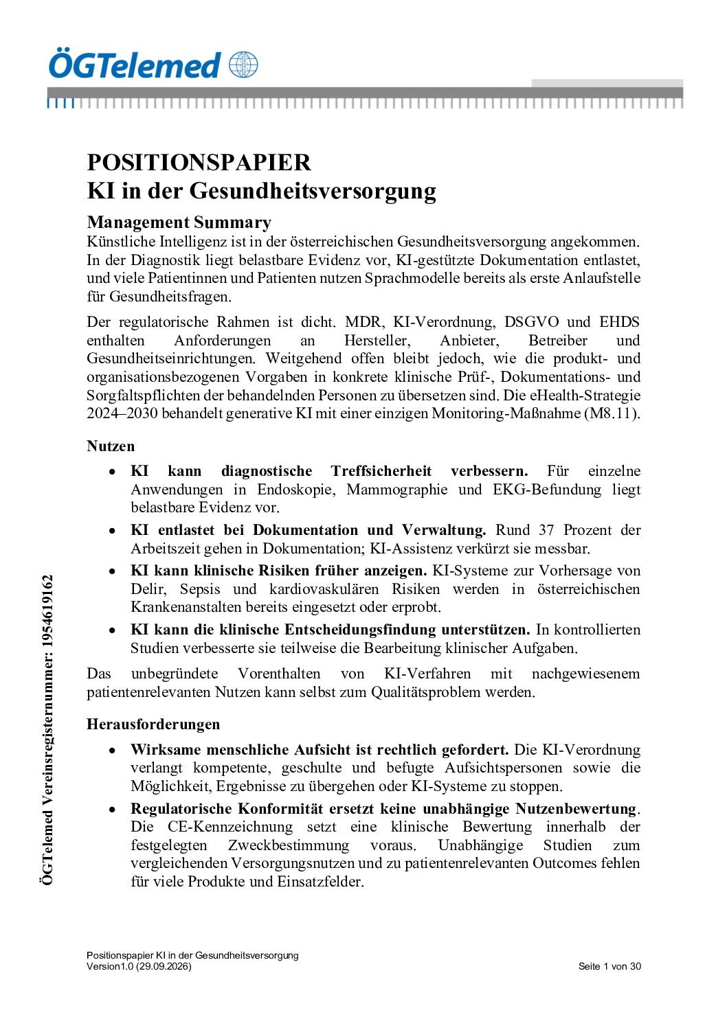 Positionspapier: KI in der Gesundheitsversorgung (29.9.2026)